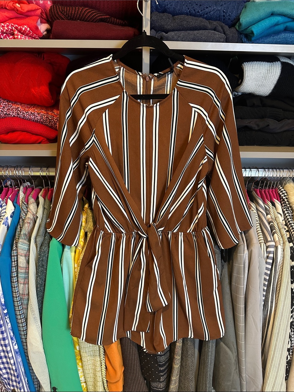 Blu Pepper brown/white/black striped 3/4 sleeve 2 pocket romper size S NWOT